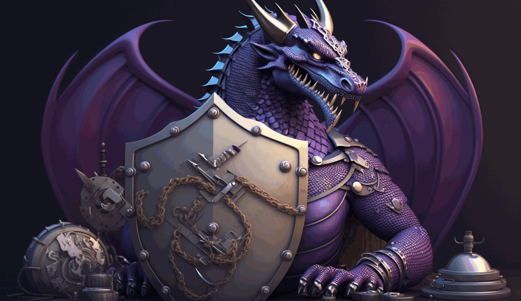 A 3D animated Kali Linux dragon mascot, surrounded by various cybersecurity and hacking tools, sitting on top of a shield with a purple dragon on it.