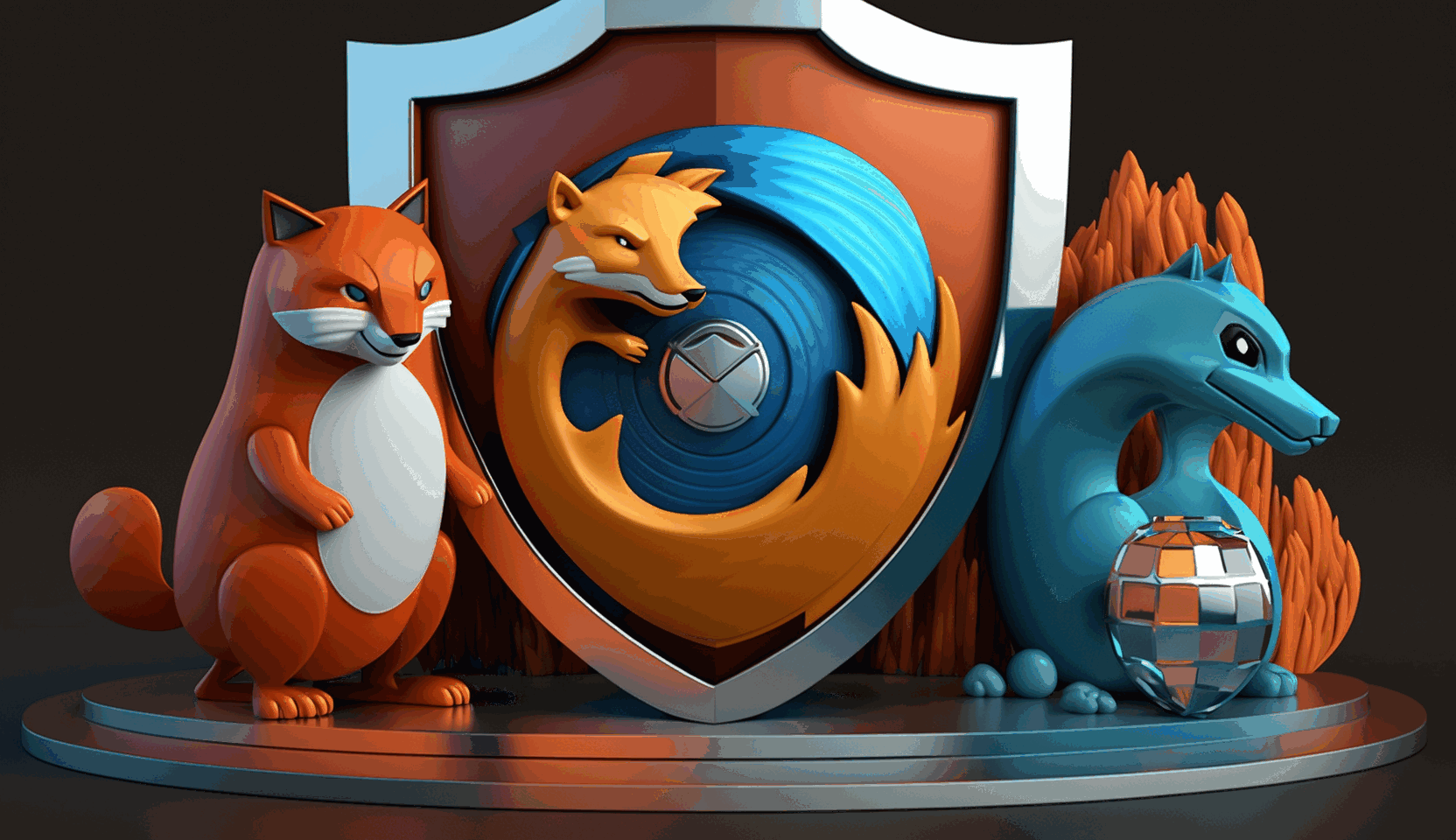 A 3D animated image featuring three cartoon-like browser icons, Brave, Firefox, and Tor, surrounded by a shield symbolizing privacy protection, with a padlock on top.