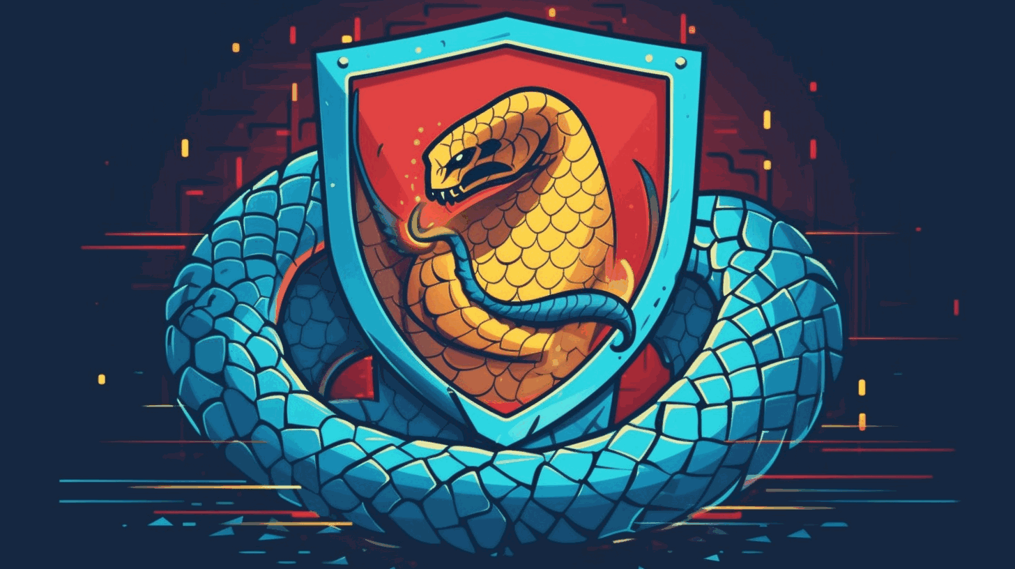 A cartoon-style image depicting a shield protecting a Python code from cyber threats.