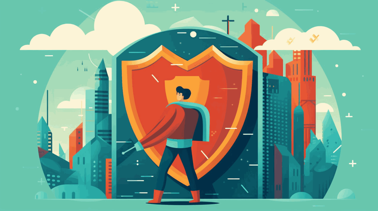 A cartoon-style image depicting a student wearing a superhero cape and holding a shield with a lock symbol, representing cybersecurity internships and career opportunities.