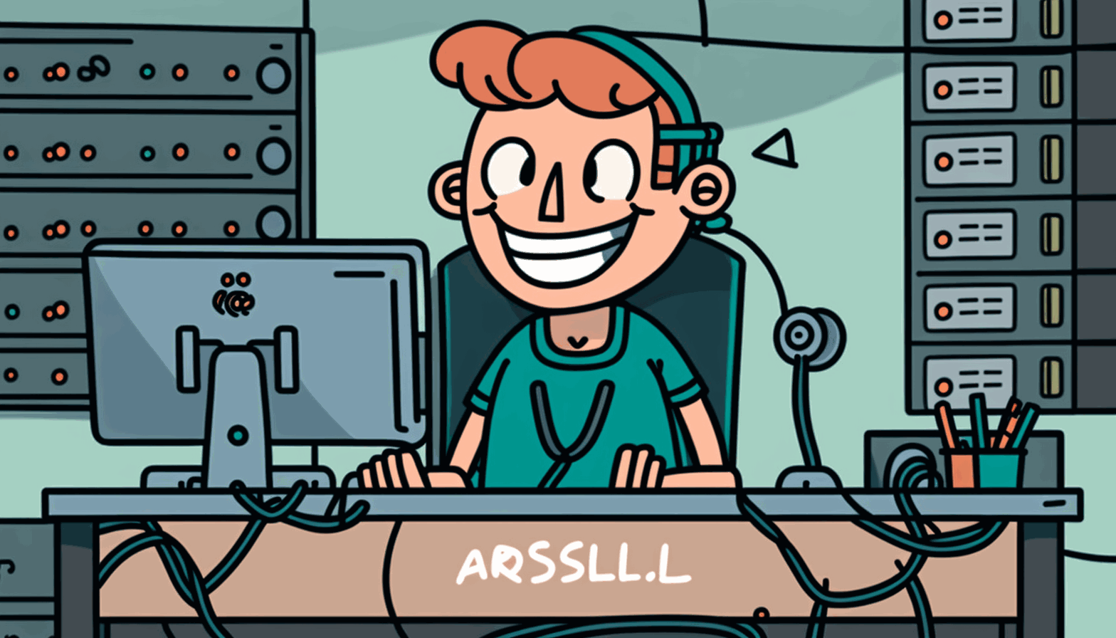 A cartoon character sitting at a desk, surrounded by servers and cables, with Ansible's logo on the computer screen, smiling as tasks are automated.