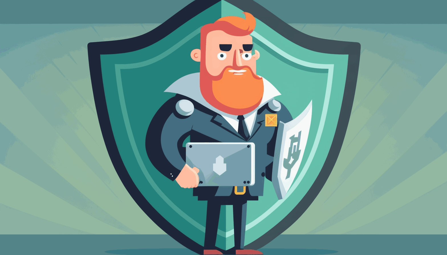 A cartoon developer standing confidently in front of a shield with a lock symbol while holding a laptop.