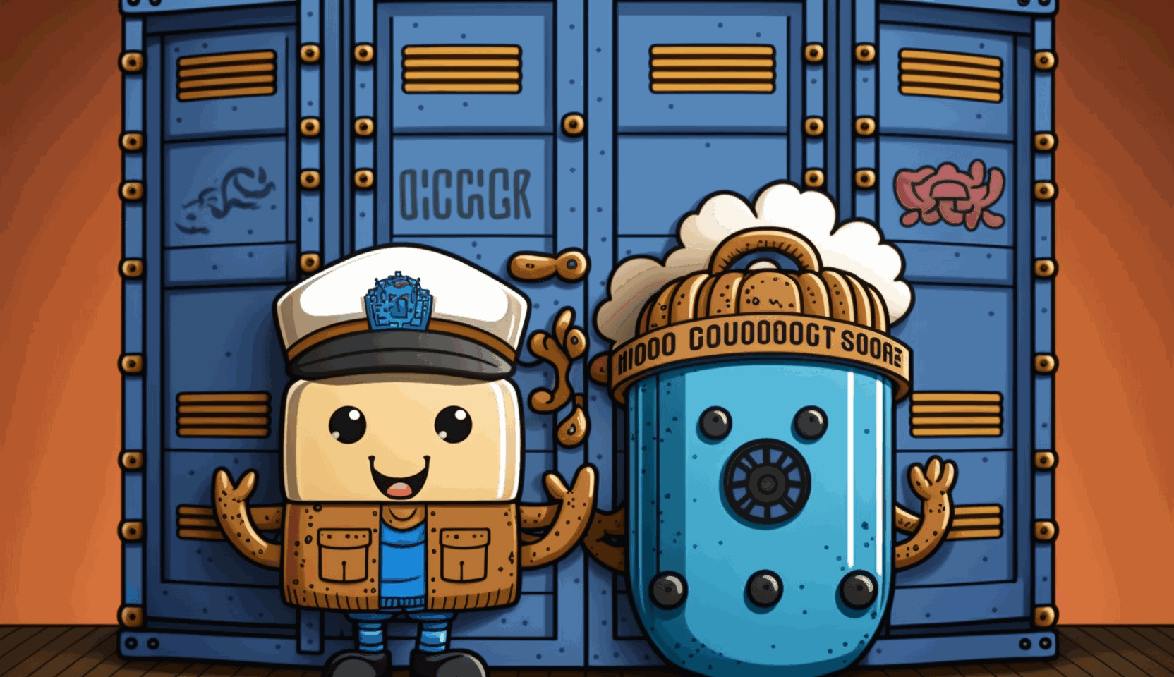 A cartoon docker container and a cartoon kubernetes pod holding hands and standing on top of a locked safe. The background is a wall of computer code.