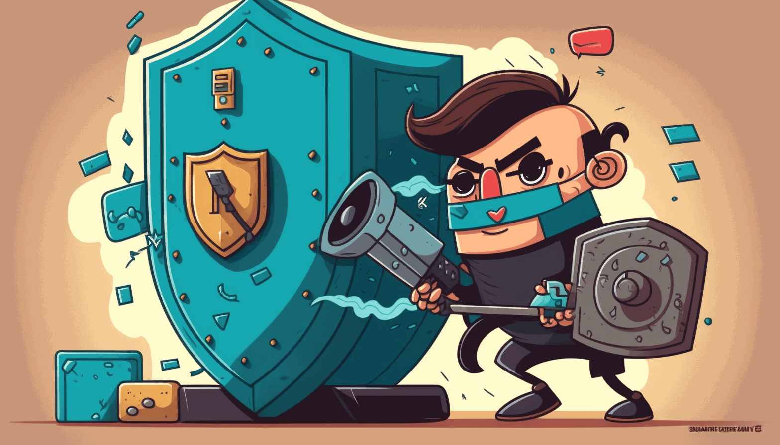 A cartoon hacker trying to break into a computer system while a shield with a lock protects it.