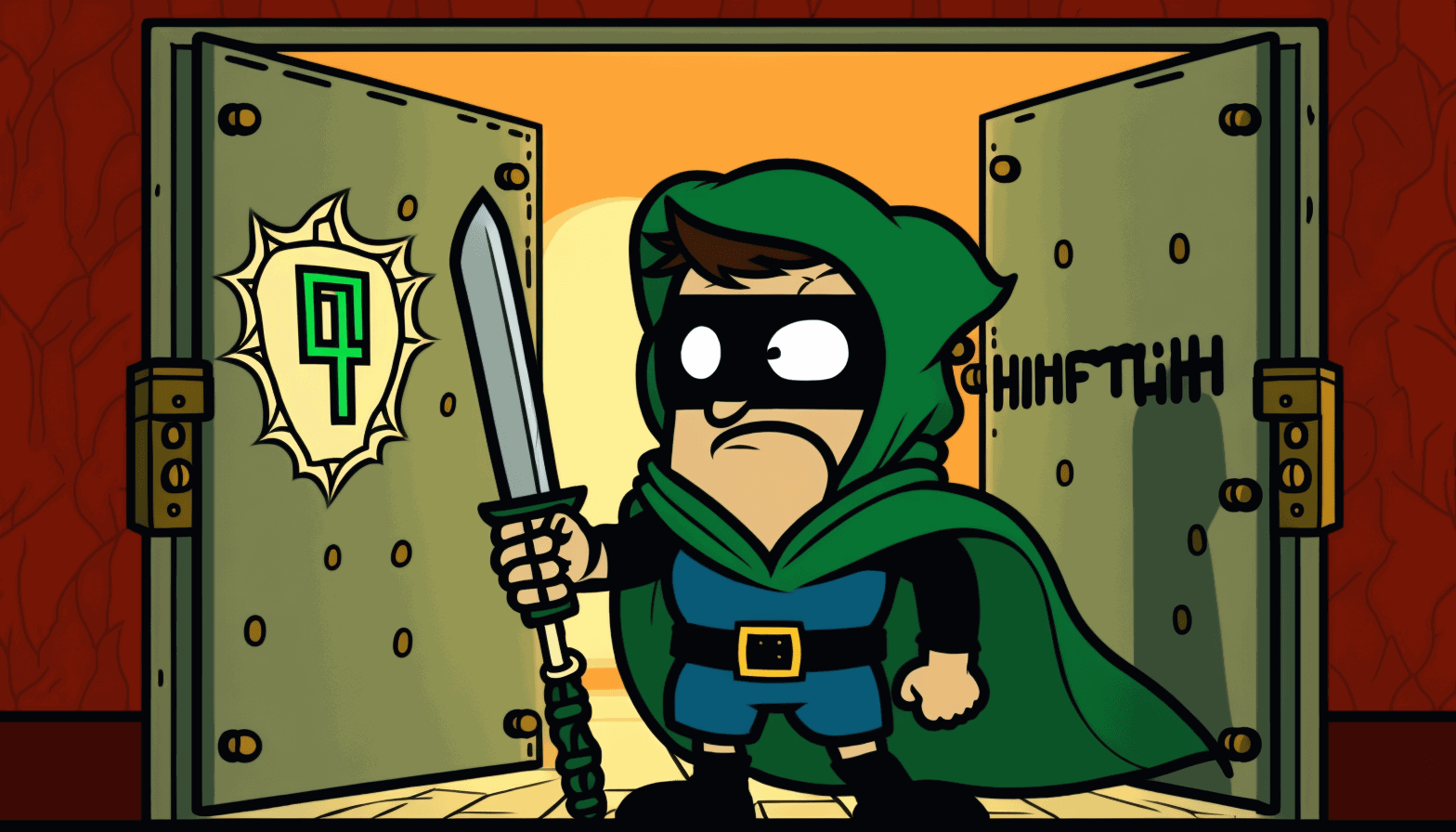 A cartoon hacker wearing a cape and a mask, standing in front of a vault door with the HTB logo on it and holding a tool (such as a wrench or a screwdriver) with a green background symbolizing success and the flag in a speech bubble above their head.