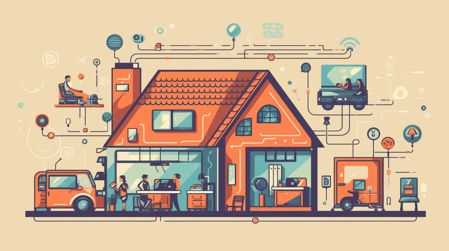 A cartoon illustration depicting a home with interconnected devices, both wired and wireless depicting an ideal home internet setup.
