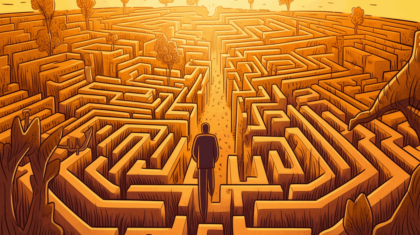 A cartoon illustration depicting a young professional navigating through a maze of challenges towards a bright future.