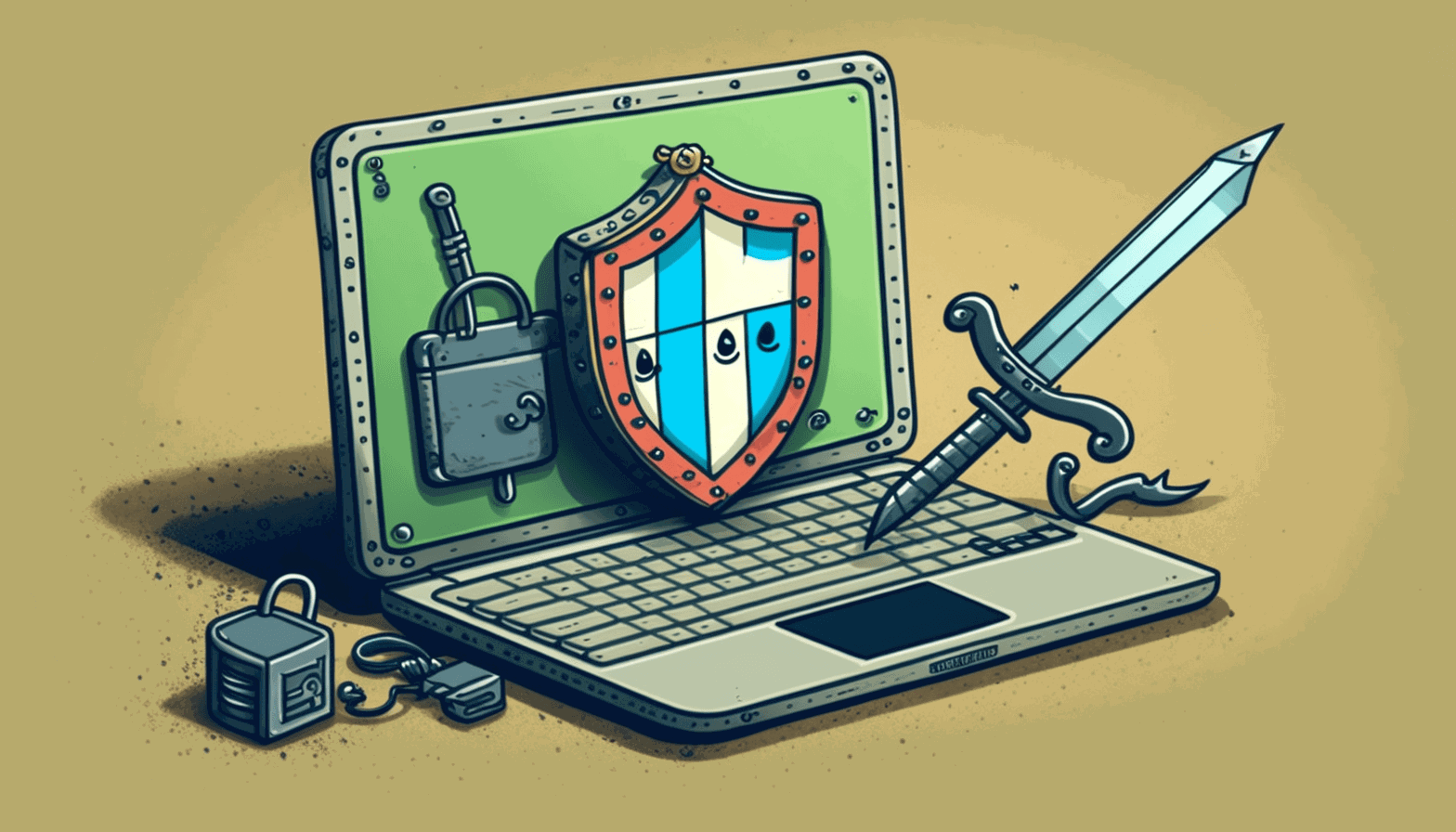 A cartoon illustration of a laptop with a lock on it, with a shield and sword representing cybersecurity, in the background.