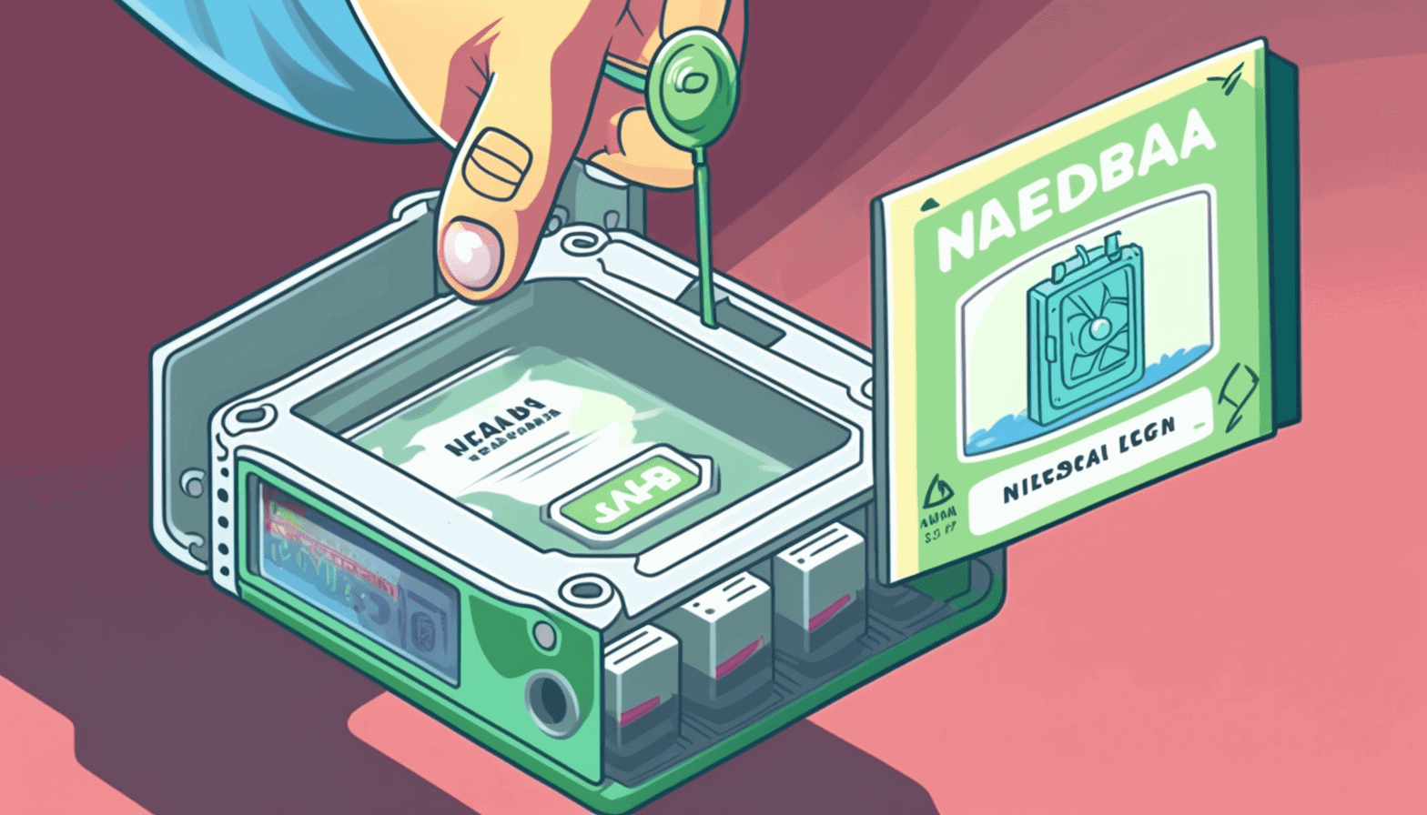 A cartoon illustration of a person holding a Nebra Helium Miner with an open panel revealing the SD card slot and the steps of the guide appearing as a guidebook floating above the device.