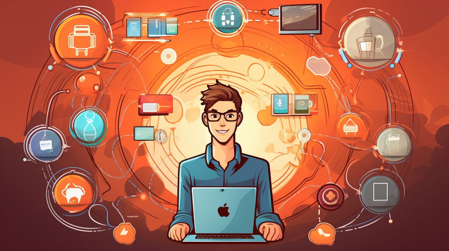 A cartoon illustration of a person holding a Network+ certification badge, surrounded by networking devices and cables, representing the Network+ Mastery Course.