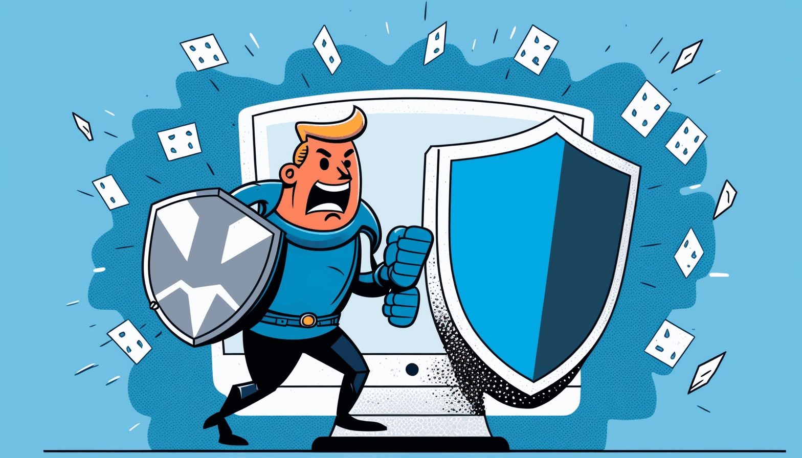 A cartoon illustration of a person holding a shield and standing in front of a computer with various attack vectors coming towards them.