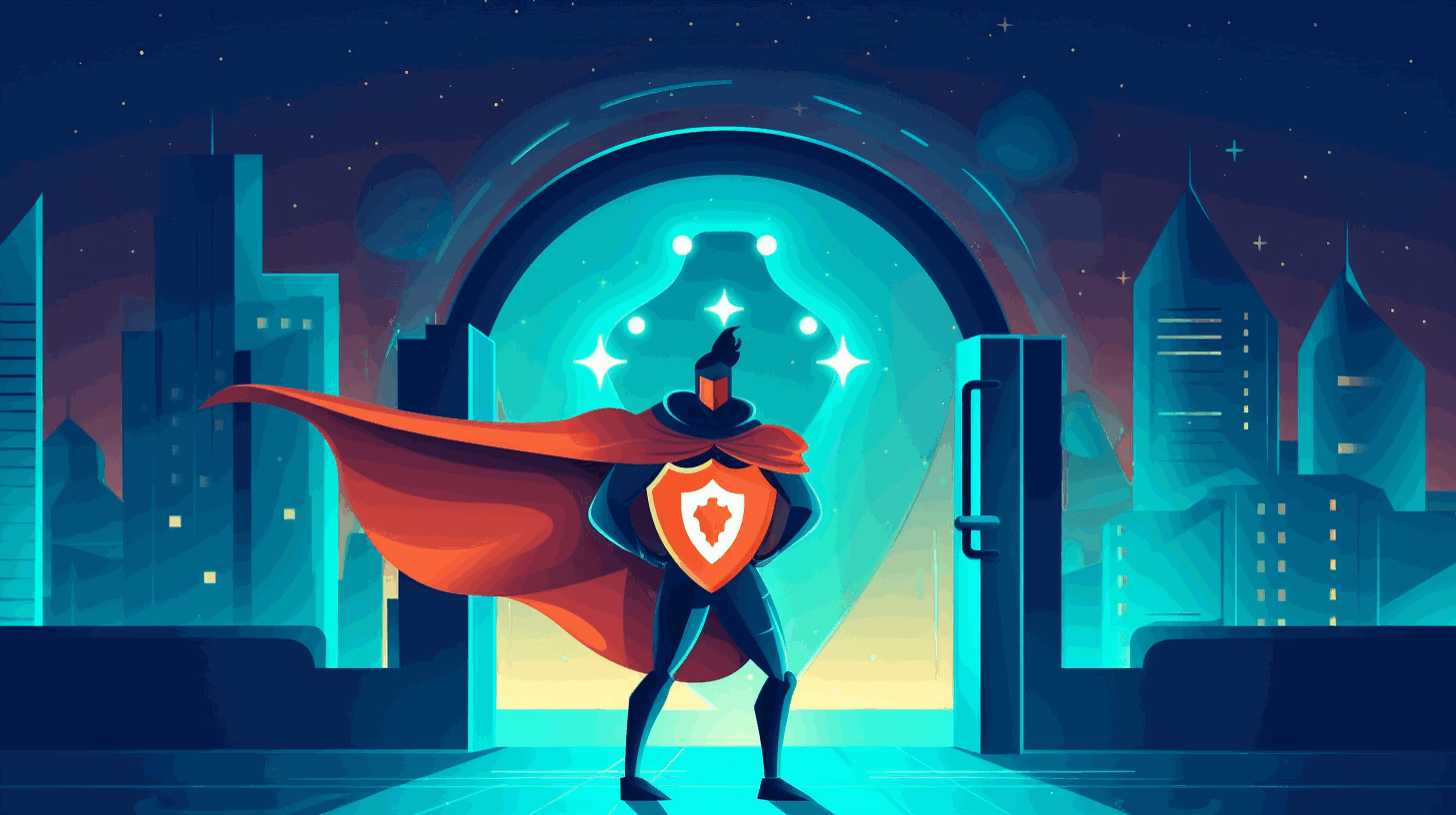A cartoon illustration of a person in a superhero costume with a shield and lock symbols, representing cybersecurity.