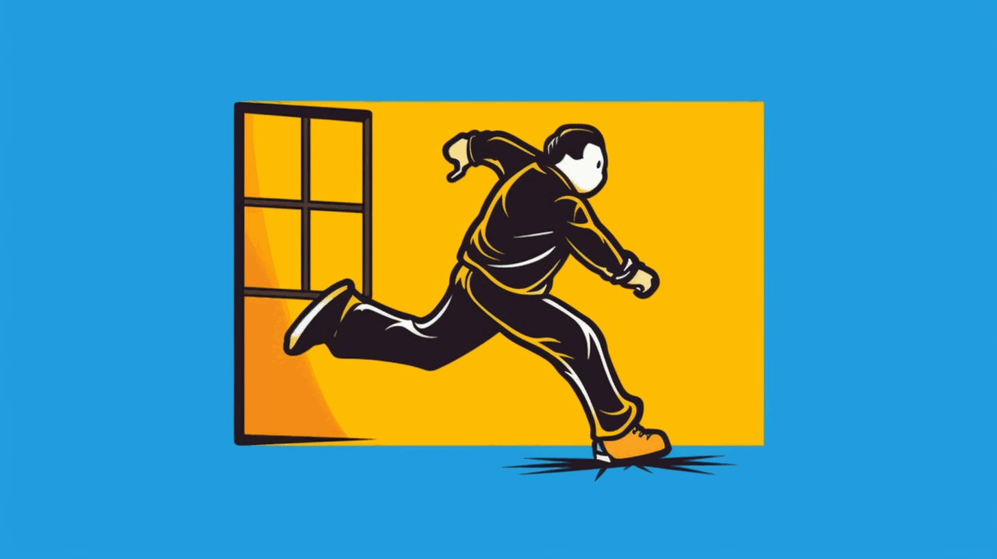 A cartoon illustration of a person stepping from a Windows logo to a Linux logo with a seamless transition