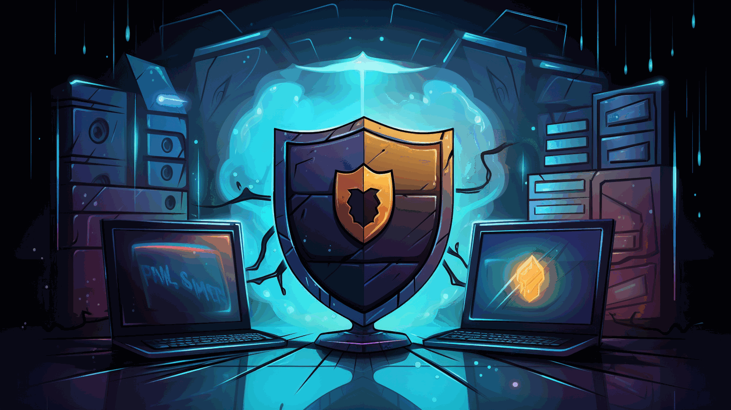 A cartoon illustration of a shield protecting a computer server from cyber threats.