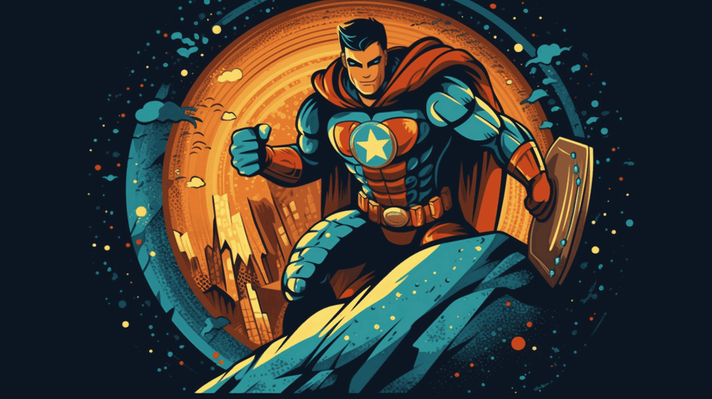 A cartoon illustration of a superhero with a shield protecting a digital world from hackers and cyber threats.
