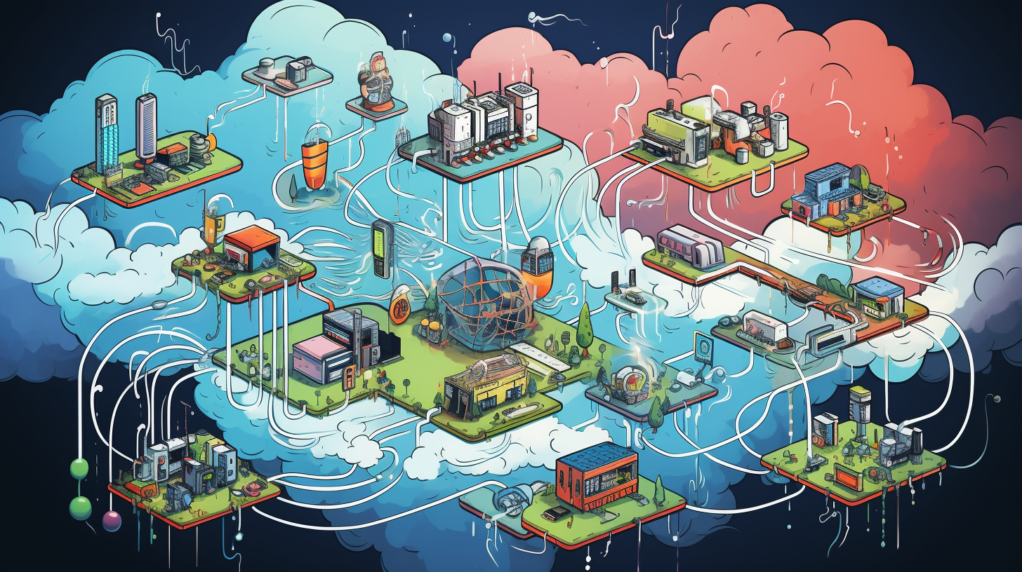 A cartoon illustration showcasing various network components and cloud connectivity options