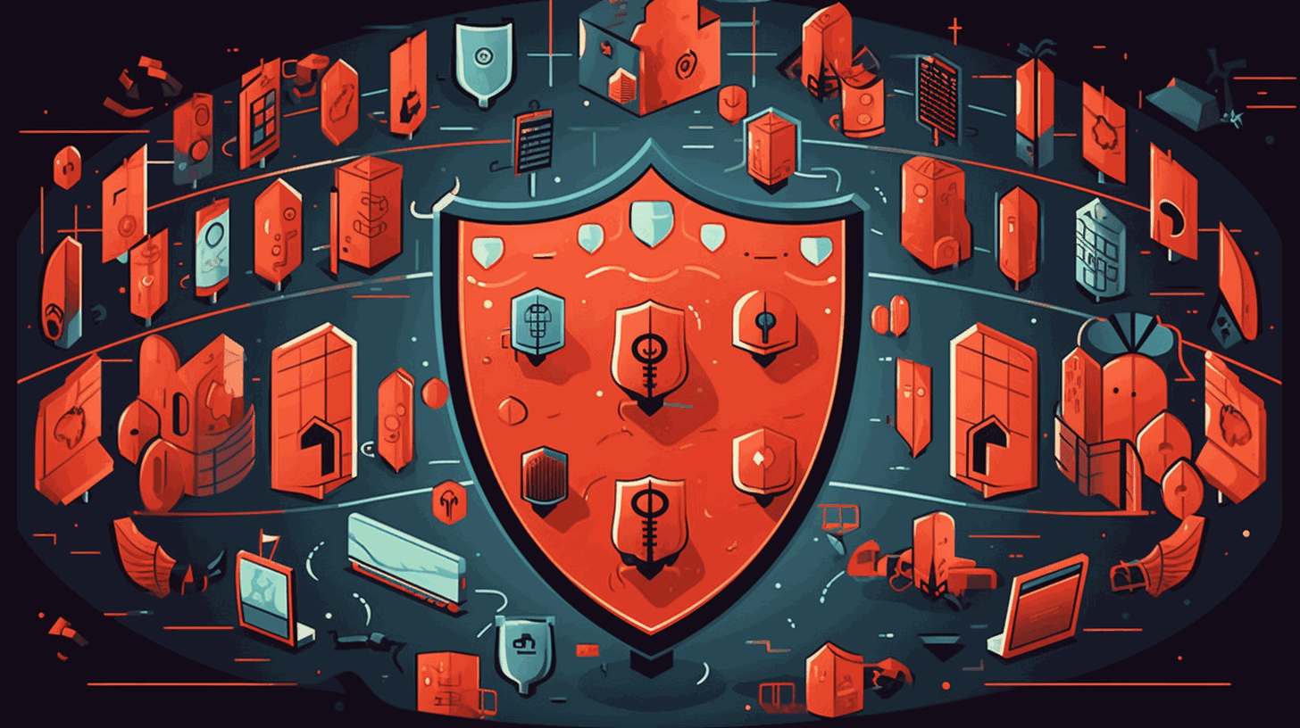 A cartoon illustration showing a shield protecting a network of interconnected devices from malicious threats.