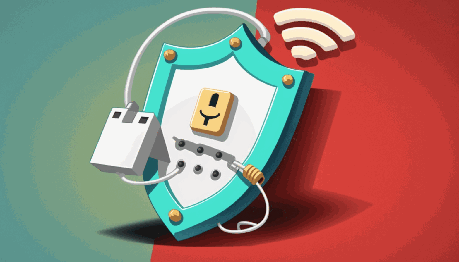 A cartoon image of a lock protecting a wireless network with a shield.