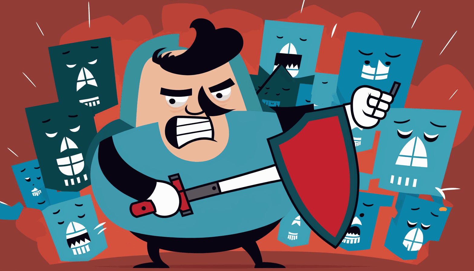 A cartoon image of a person with a shield blocking various cyber attacks.