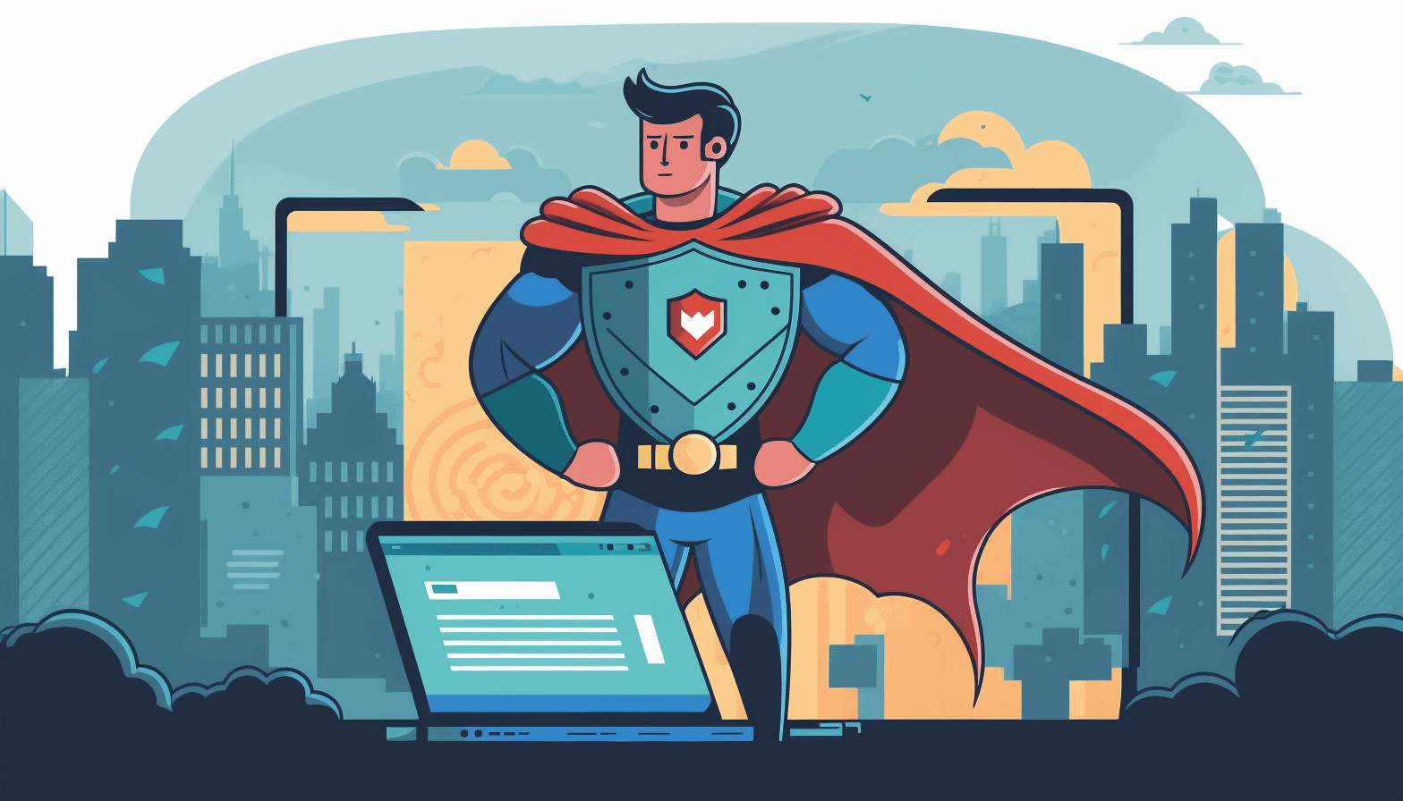 A cartoon image of a web developer wearing a superhero cape and holding a shield. The shield is protecting a laptop with a web application interface on the screen.