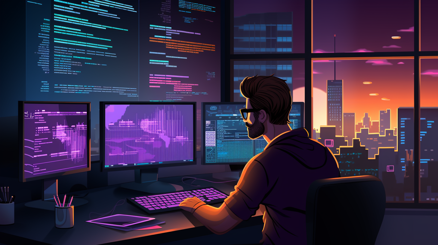 A cartoon image showing a developer using Visual Studio Code with C++ code on the screen.
