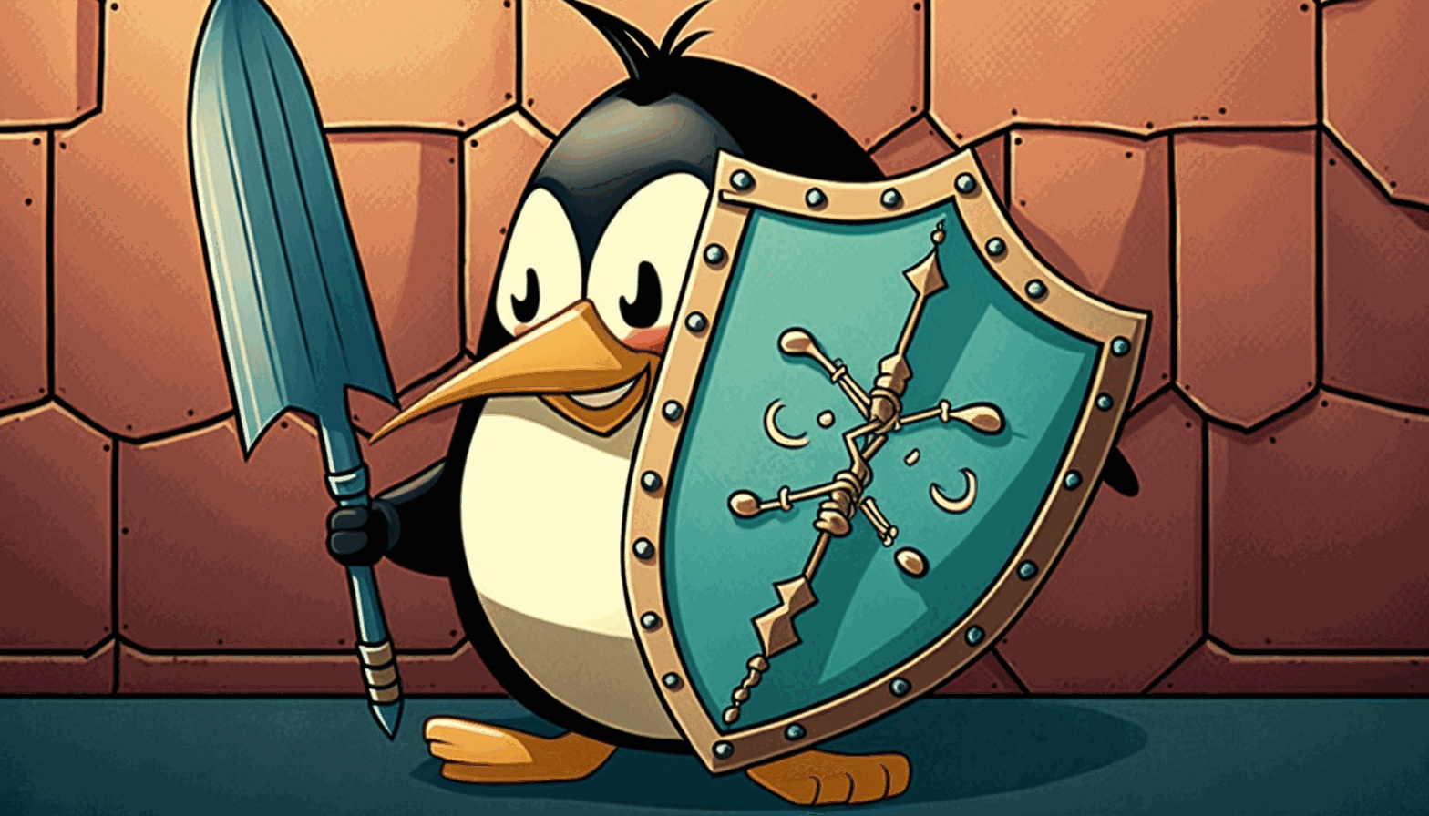 A cartoon lock holding a shield with the word Linux on it, while an arrow bounces off the shield.