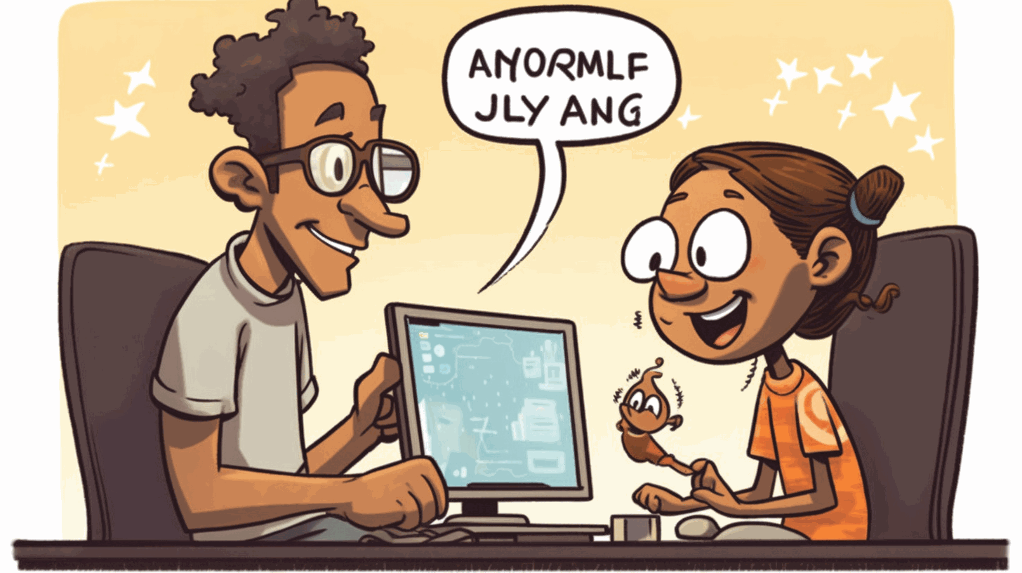A cartoon of a parent and child using a computer together, with a speech bubble above the computer showing a positive message.