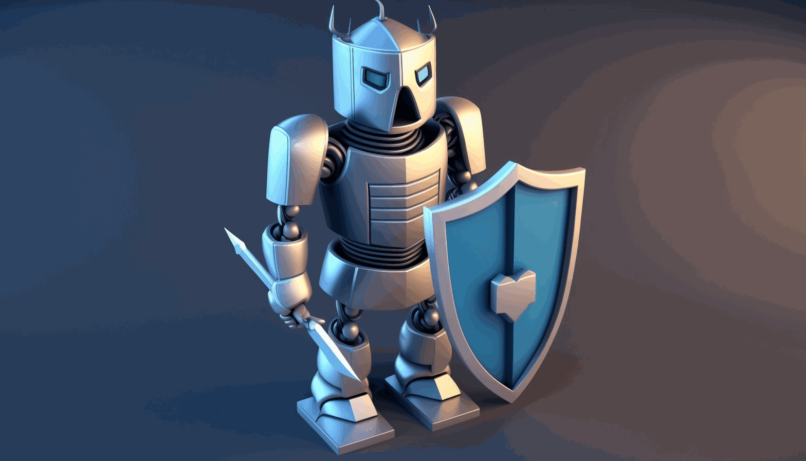 A cartoon robot standing guard in front of a virtual shield, symbolizing the use of machine learning in cybersecurity.