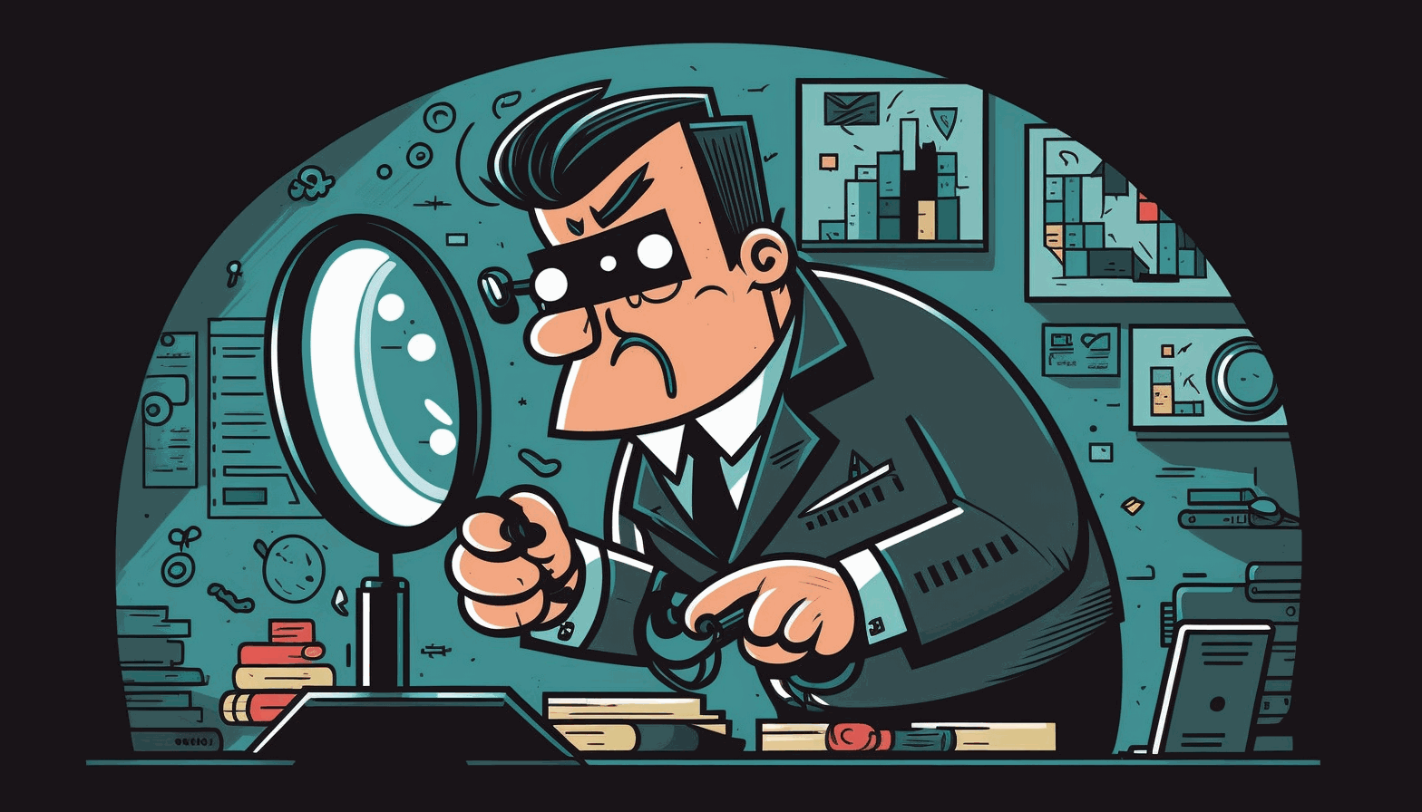 A cartoon security analyst holding a magnifying glass, searching for hidden cyber threats on a computer screen.