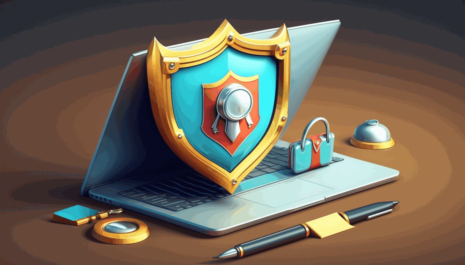 A cartoon shield protecting a laptop and physical assets with a magnifying glass identifying risks.