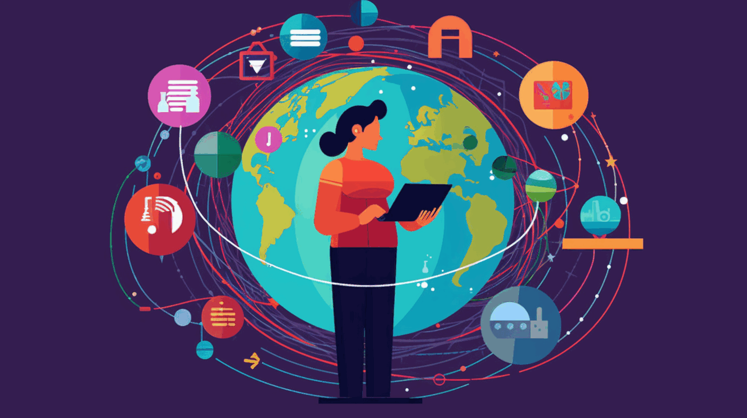 A colorful cartoon illustration depicting a person holding a globe with network lines connecting various devices, representing the concept of sharing internet and earning money.