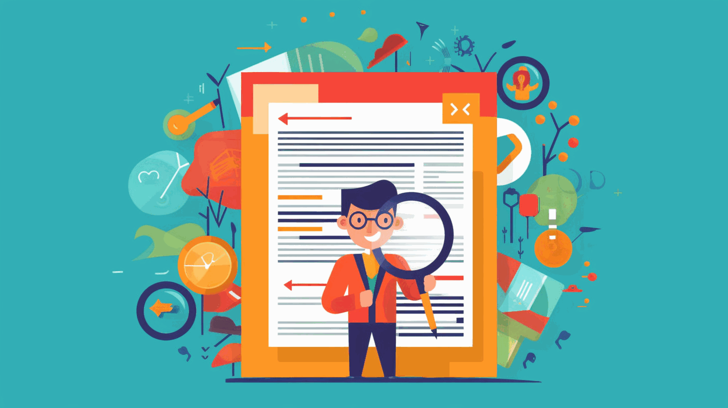 A colorful cartoon image showing a person holding a resume with a magnifying glass, symbolizing the attention to detail in optimizing the resume.