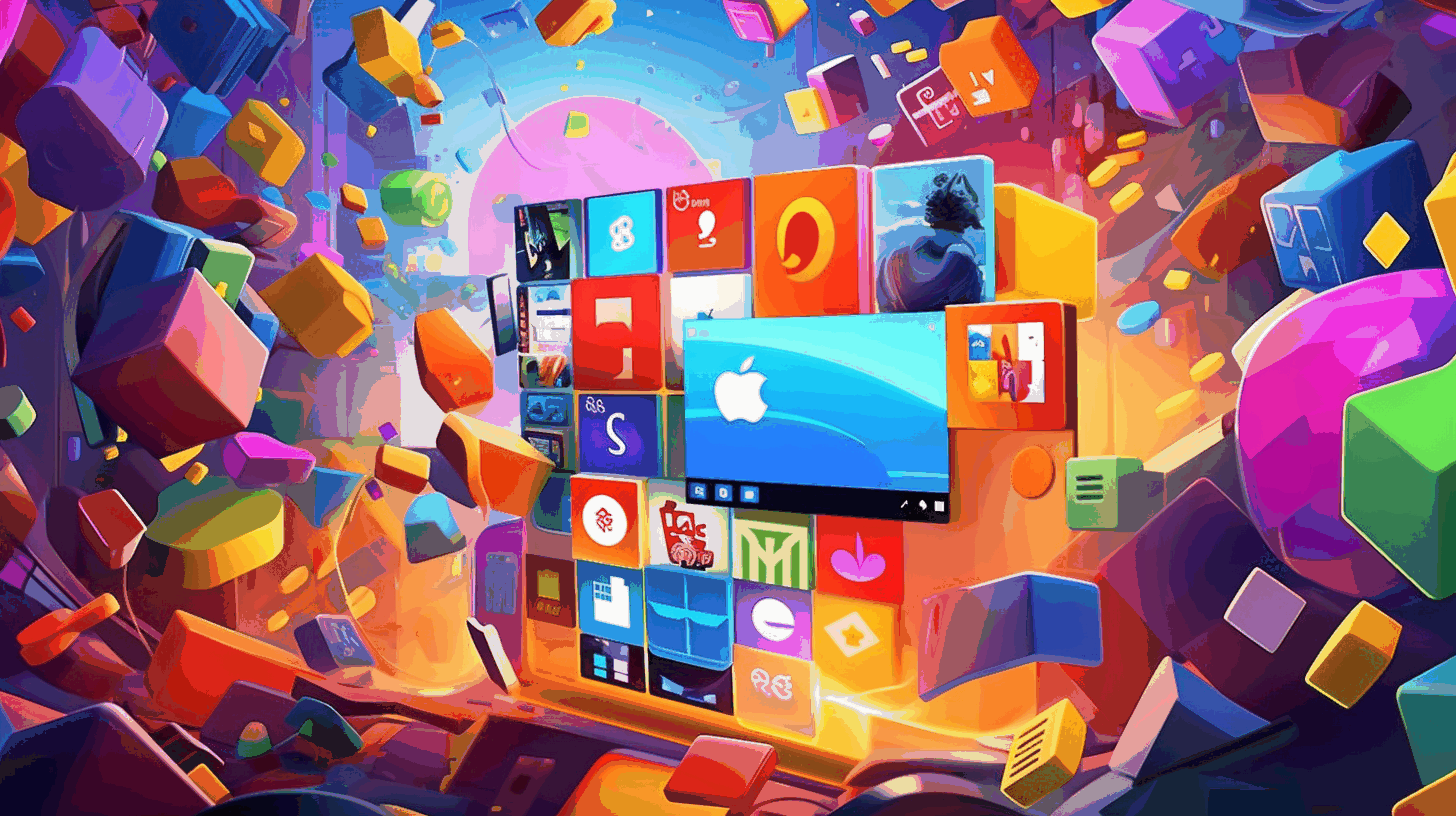 A colorful illustration depicting a Windows logo surrounded by various software icons representing streamlined package management and updates.