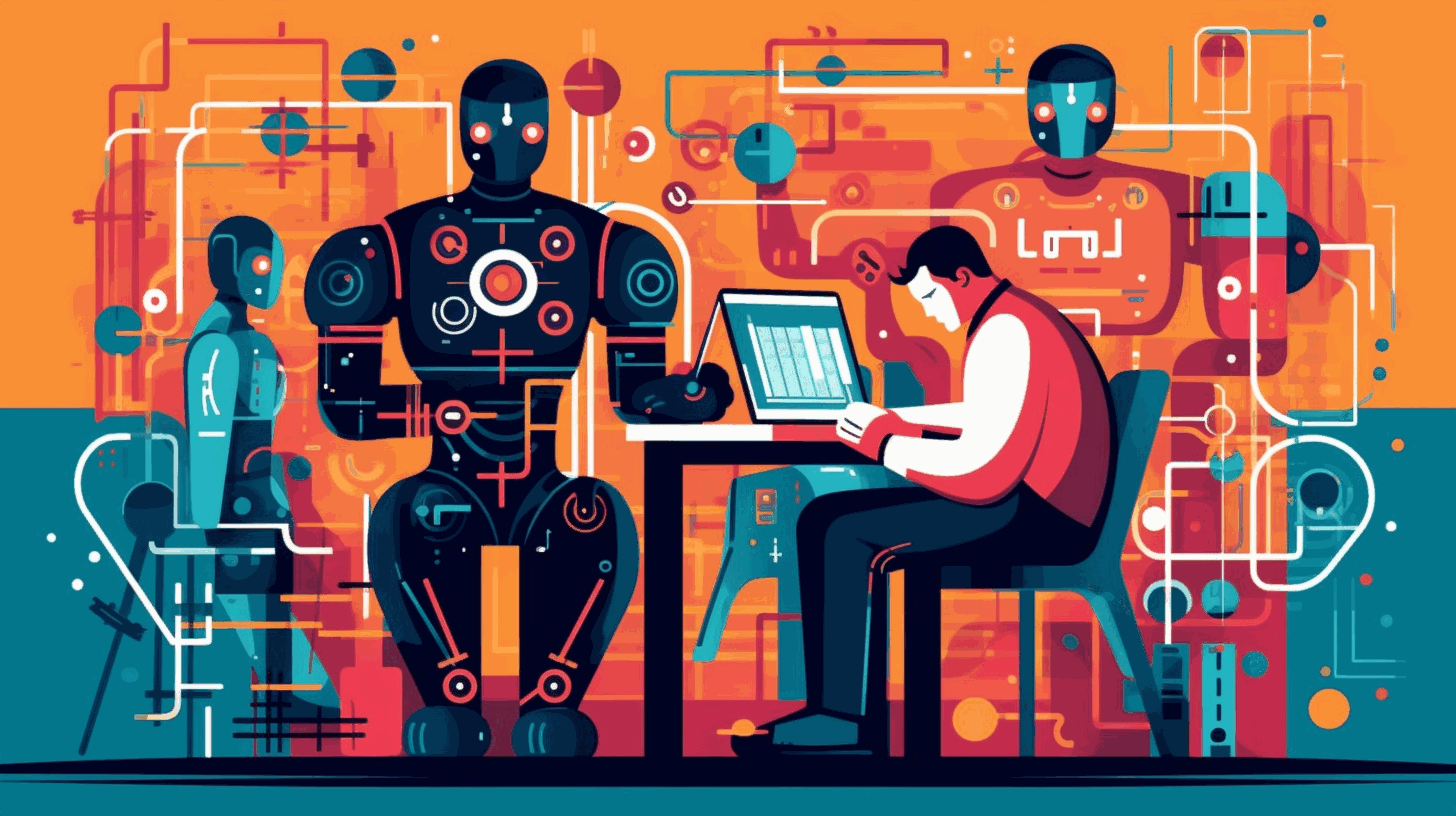 A colorful illustration of a human tester and a robot tester working together to test software applications.