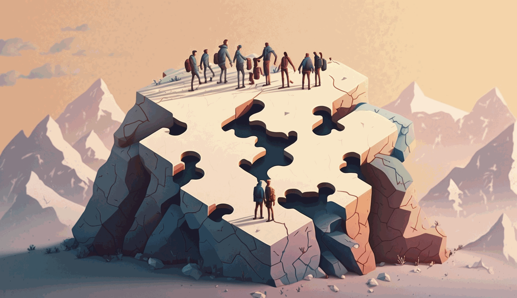 A group of people standing on a summit holding hands, with puzzle pieces fitting together in the foreground.