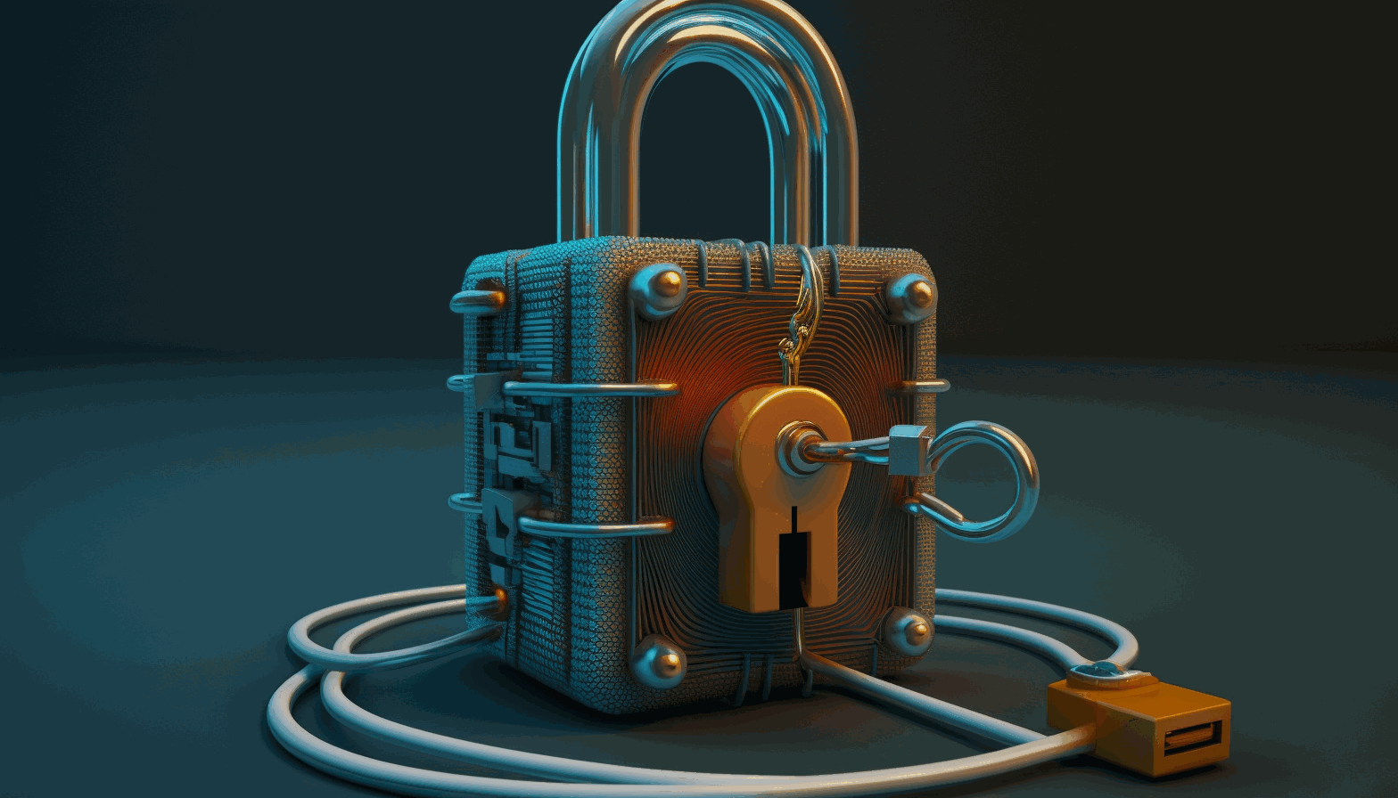 A padlock and a key standing on a network cable in a symbolic way representing Zero Trust Security.