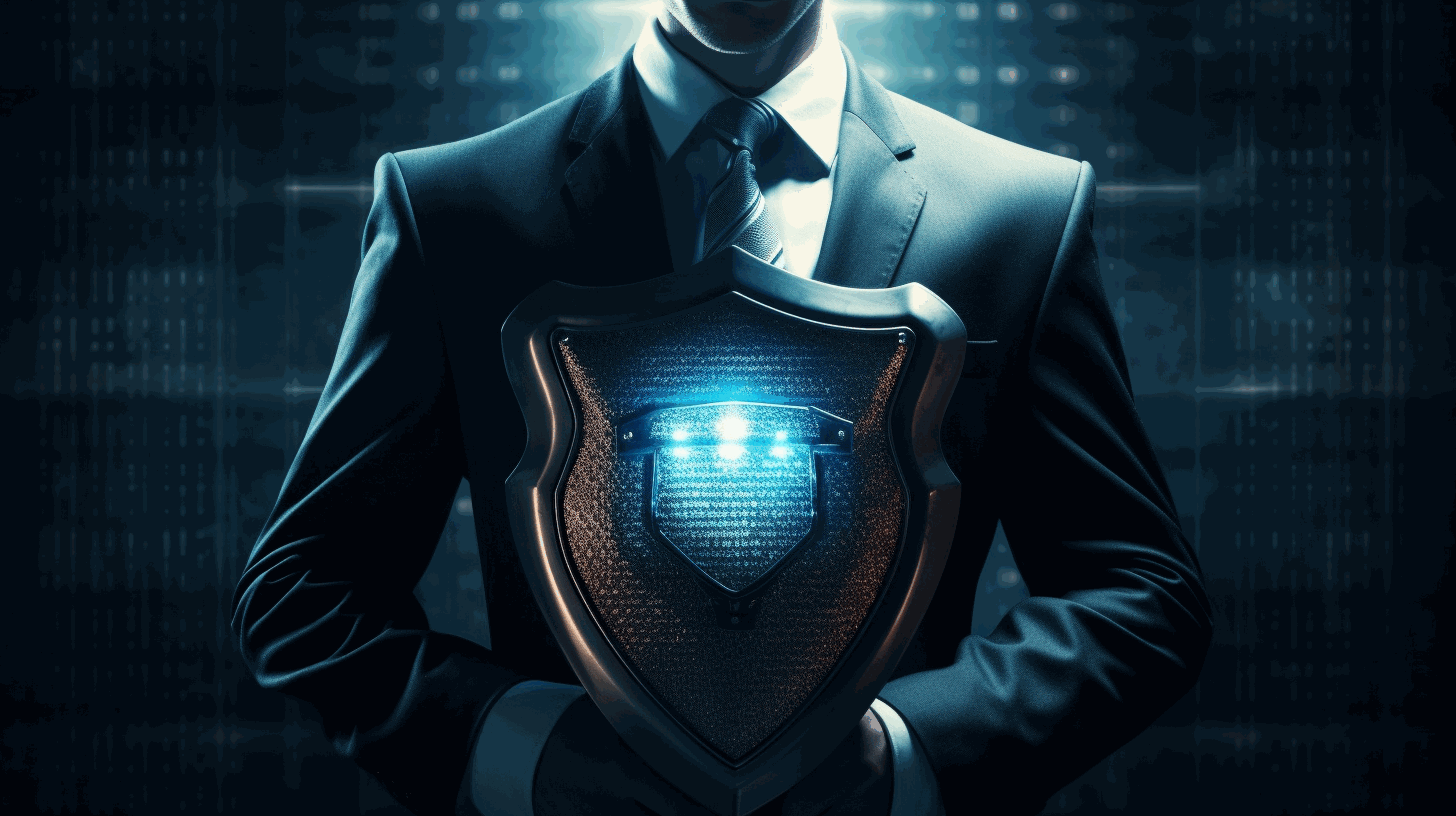 A professional, determined individual wearing a suit and holding a shield, protecting digital assets from cyber threats.