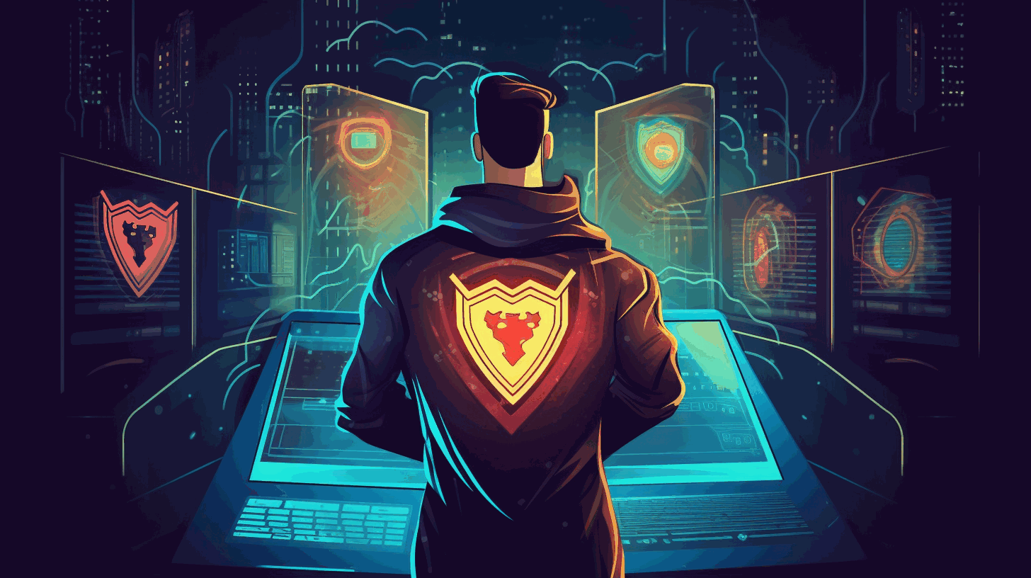 A professional wearing a superhero cape, with a shield representing cybersecurity, standing confidently in front of a computer network.