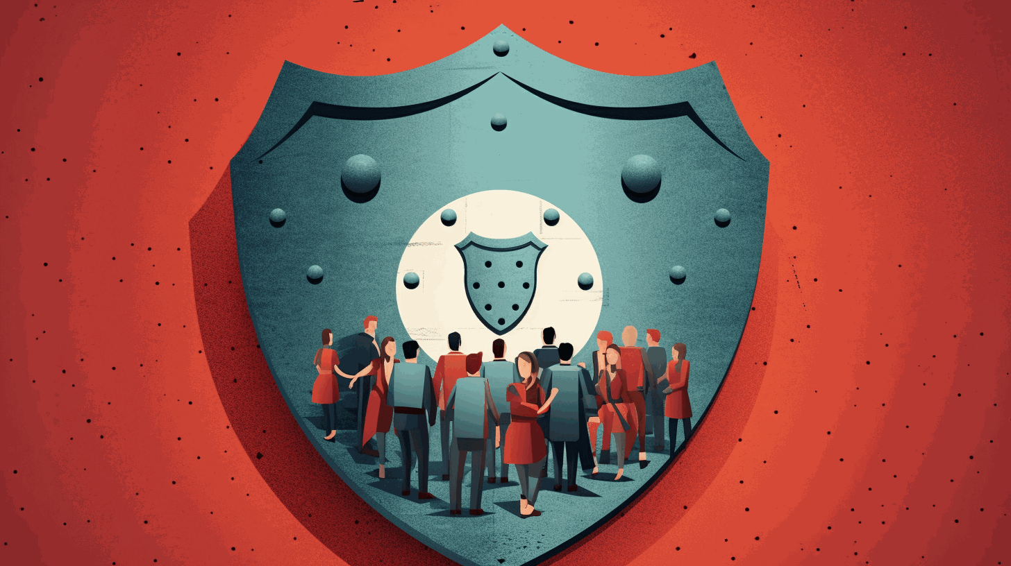 A shield protecting a person from social engineering attacks.