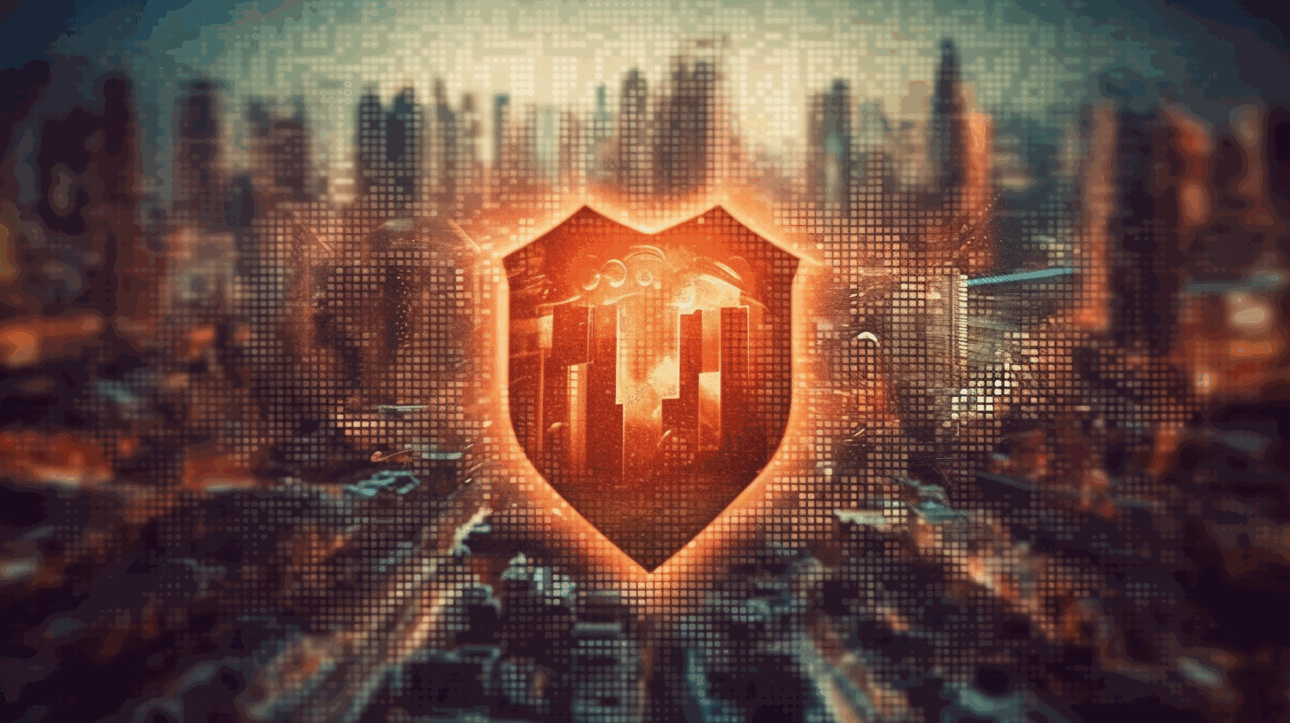 A shield with a check mark and the words Cyber Resilient Infrastructure written on it, surrounded by falling pixels and a backdrop of a burning city.