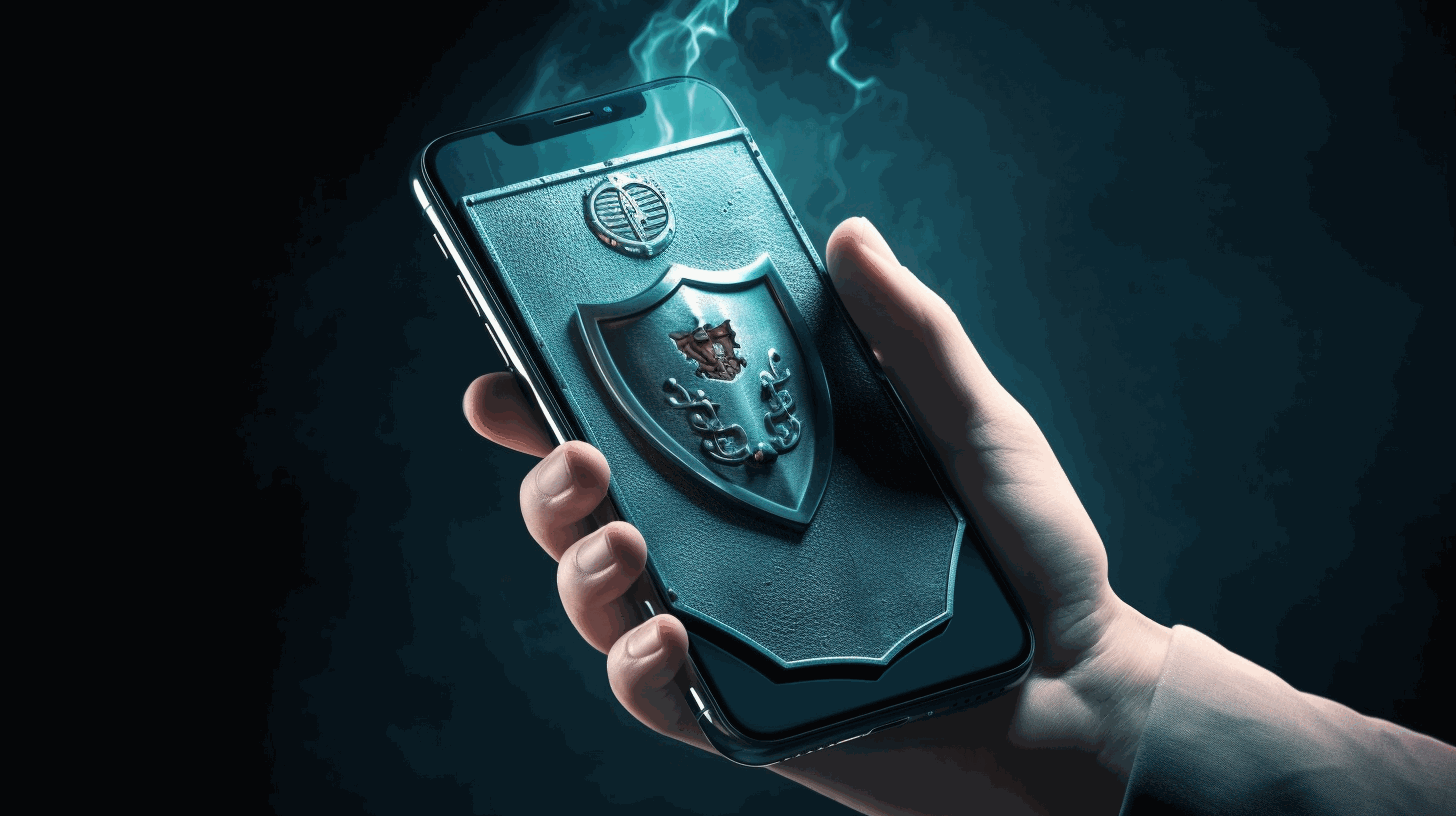  A shield with a lock symbol protecting a mobile phone from a hacker's hand trying to access it.