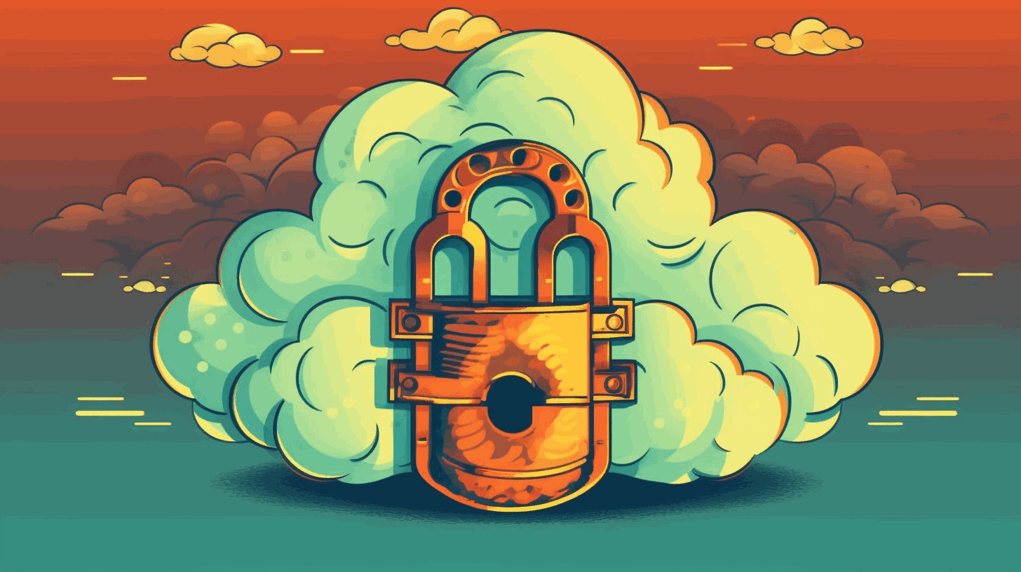 A symbolic art-style illustration depicting a cloud with a lock on it, symbolizing secure cloud solutions.