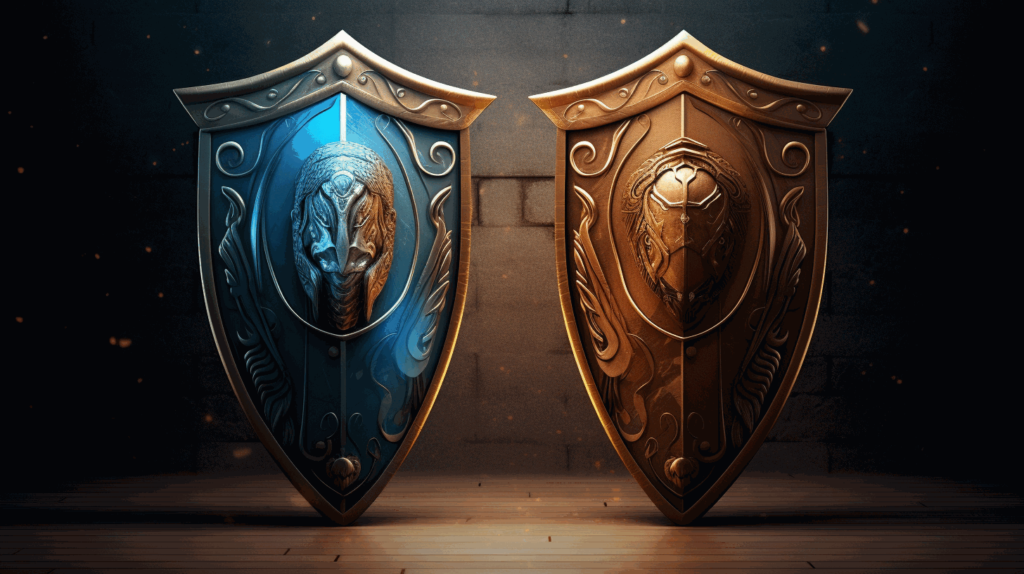 A symbolic artwork featuring two shields, facing off against each other in a dynamic pose, representing the comparison between the two certifications.