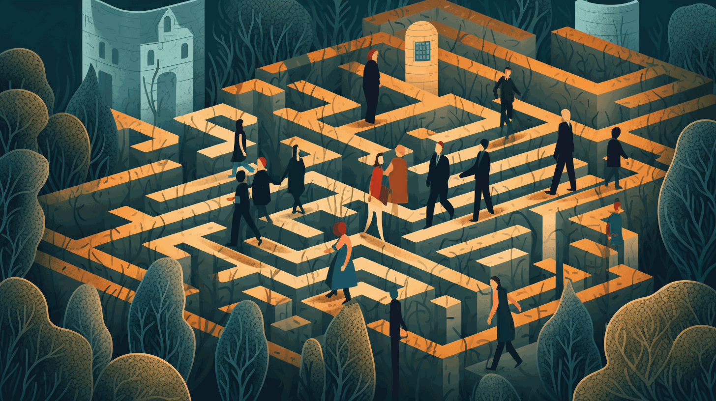 A symbolic cartoon-style image depicting a group of cybersecurity professionals navigating a maze-like landscape with workforce frameworks as towering obstacles, while holding certificates and climbing ladders of professional development.