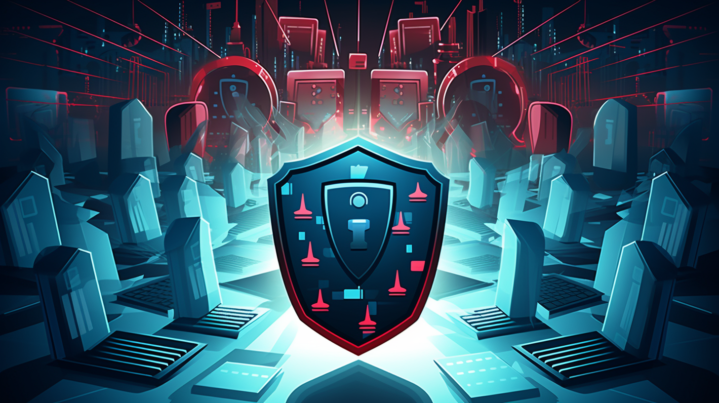 A symbolic illustration depicting a shield protecting a network infrastructure from cyber threats.