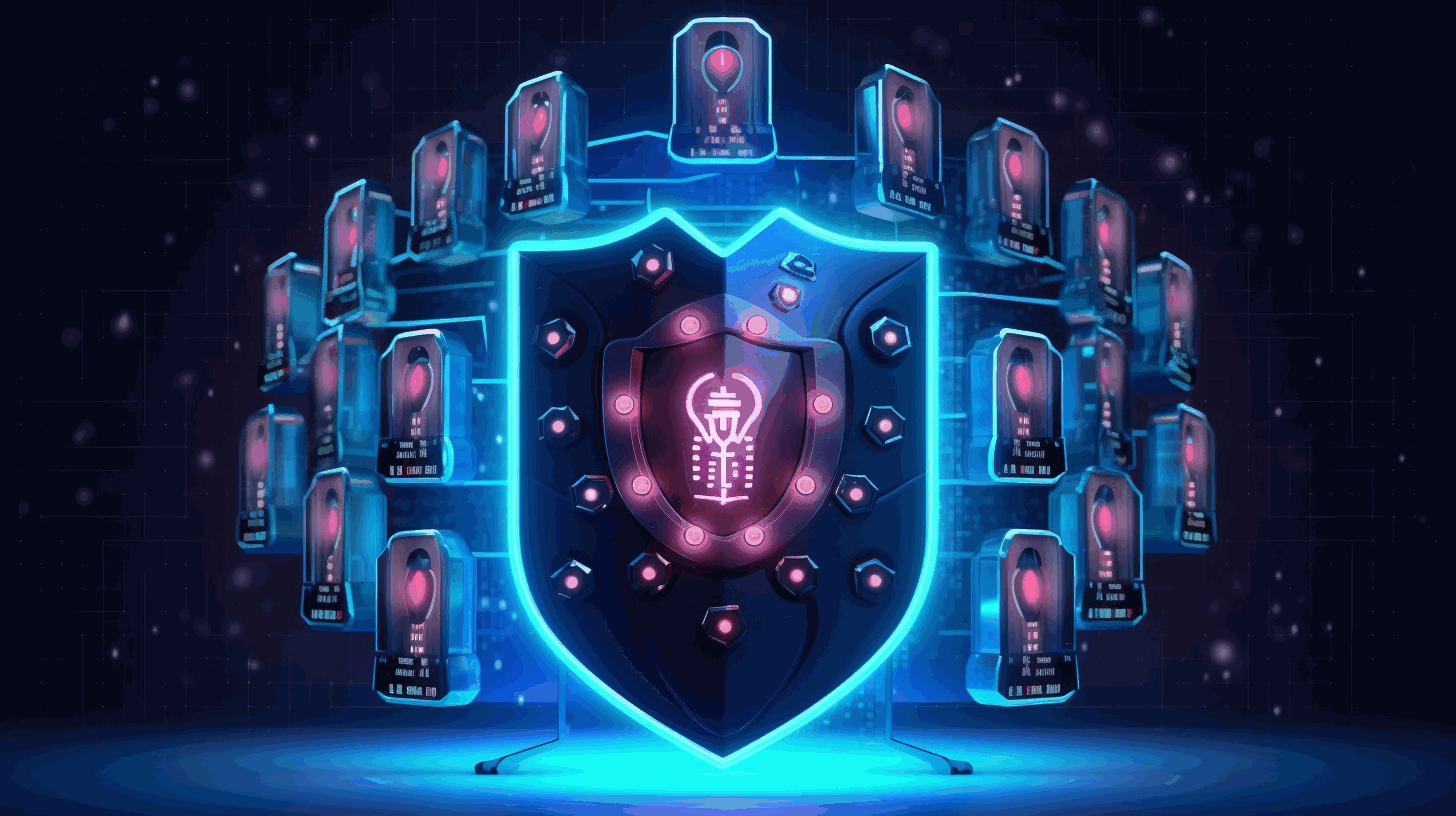 A symbolic illustration of a shield protecting a network of interconnected devices from cyber threats with a lock symbolizing data security.