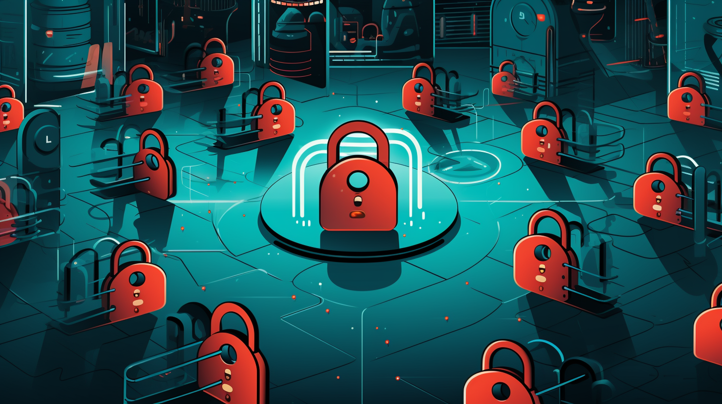 A symbolic illustration showing a lock protecting network infrastructure.