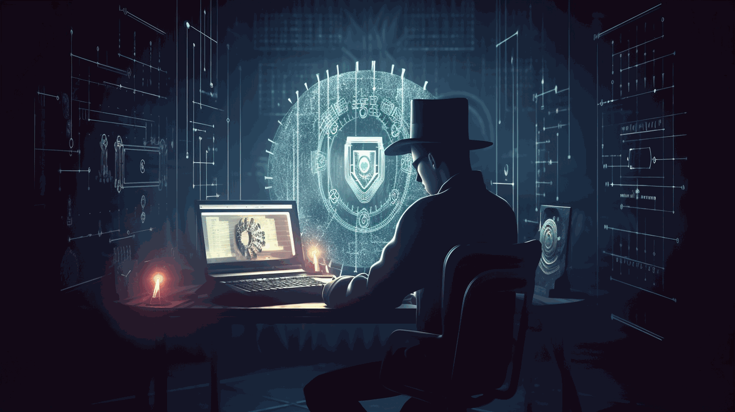 A symbolic image depicting a hacker wearing a black hat and typing on a computer, while a shield with a lock protects a network in the background.
