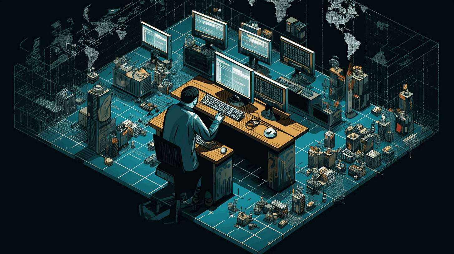 A symbolic image depicting a person working on a virtualization setup with multiple operating systems and networking components.