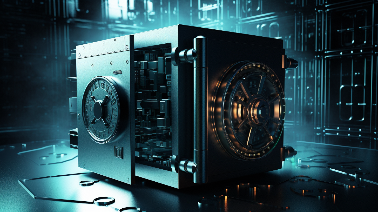 A symbolic image representing a locked safe surrounded by backup symbols, illustrating secure data protection and recovery.